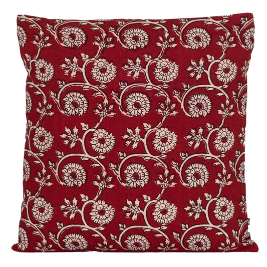Floral Vine Bagh Hand Block Print Cotton Cushion Cover - Red