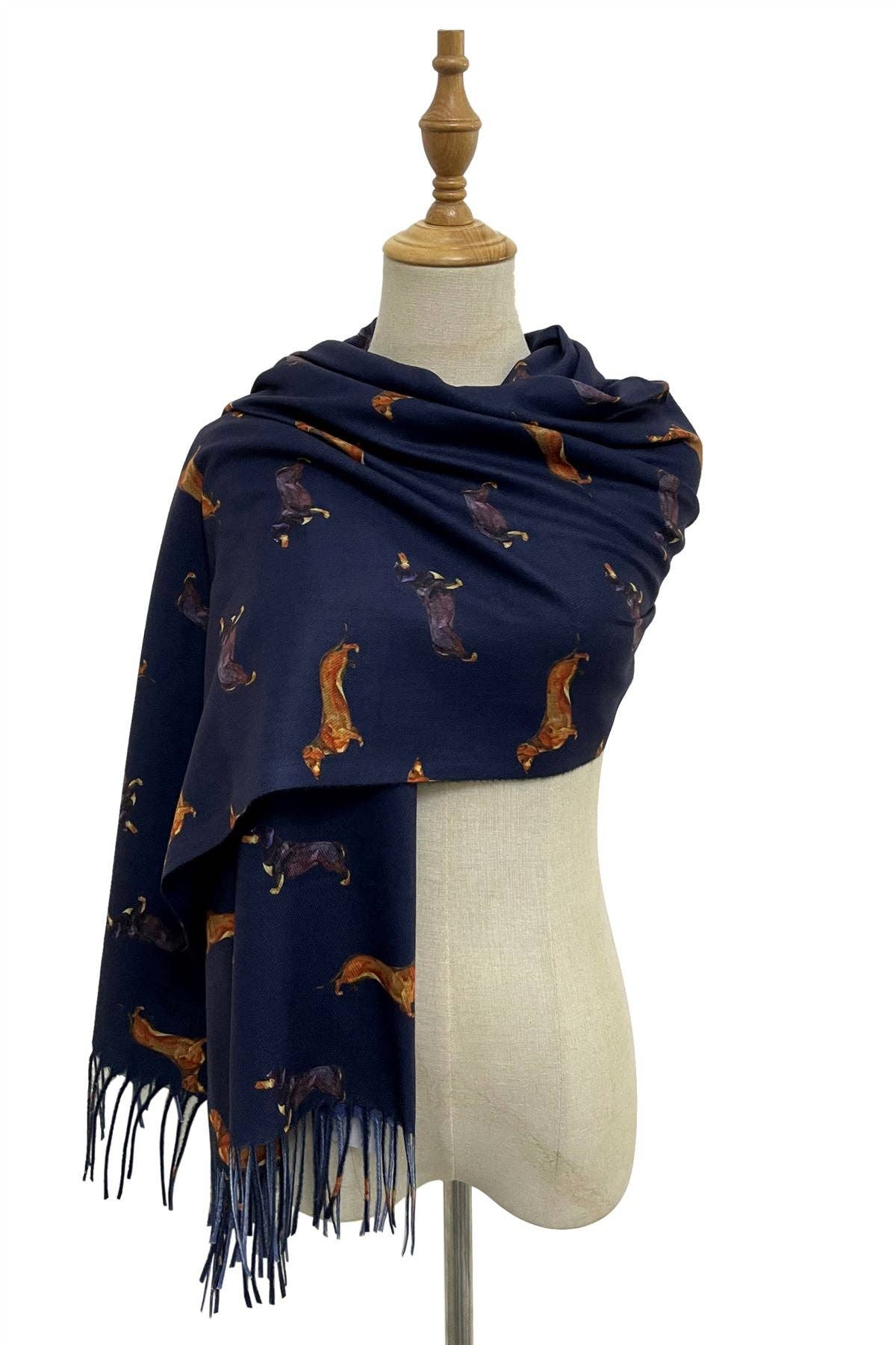 Dachshund Sausage Dog Print Tassel Scarf: Green