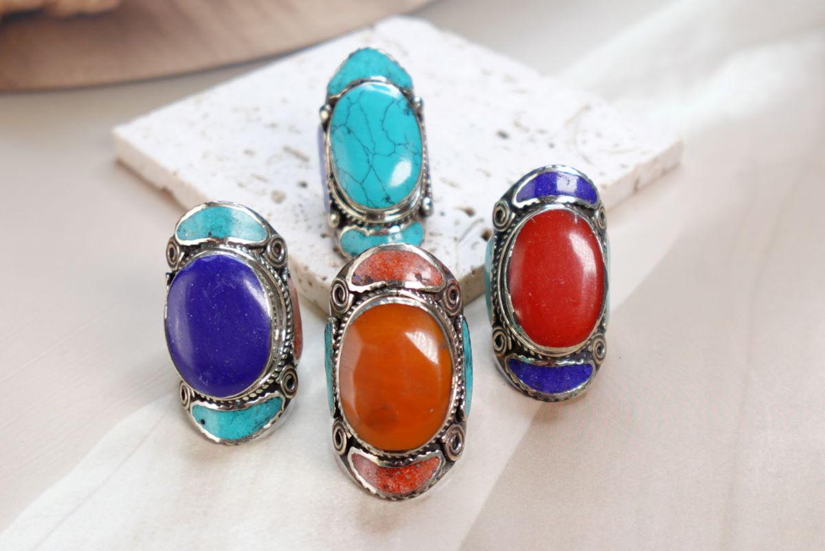 Large Ethnic Tibetan Silver Rings, Turquoise, Coral & Lapis Inlay Rings.