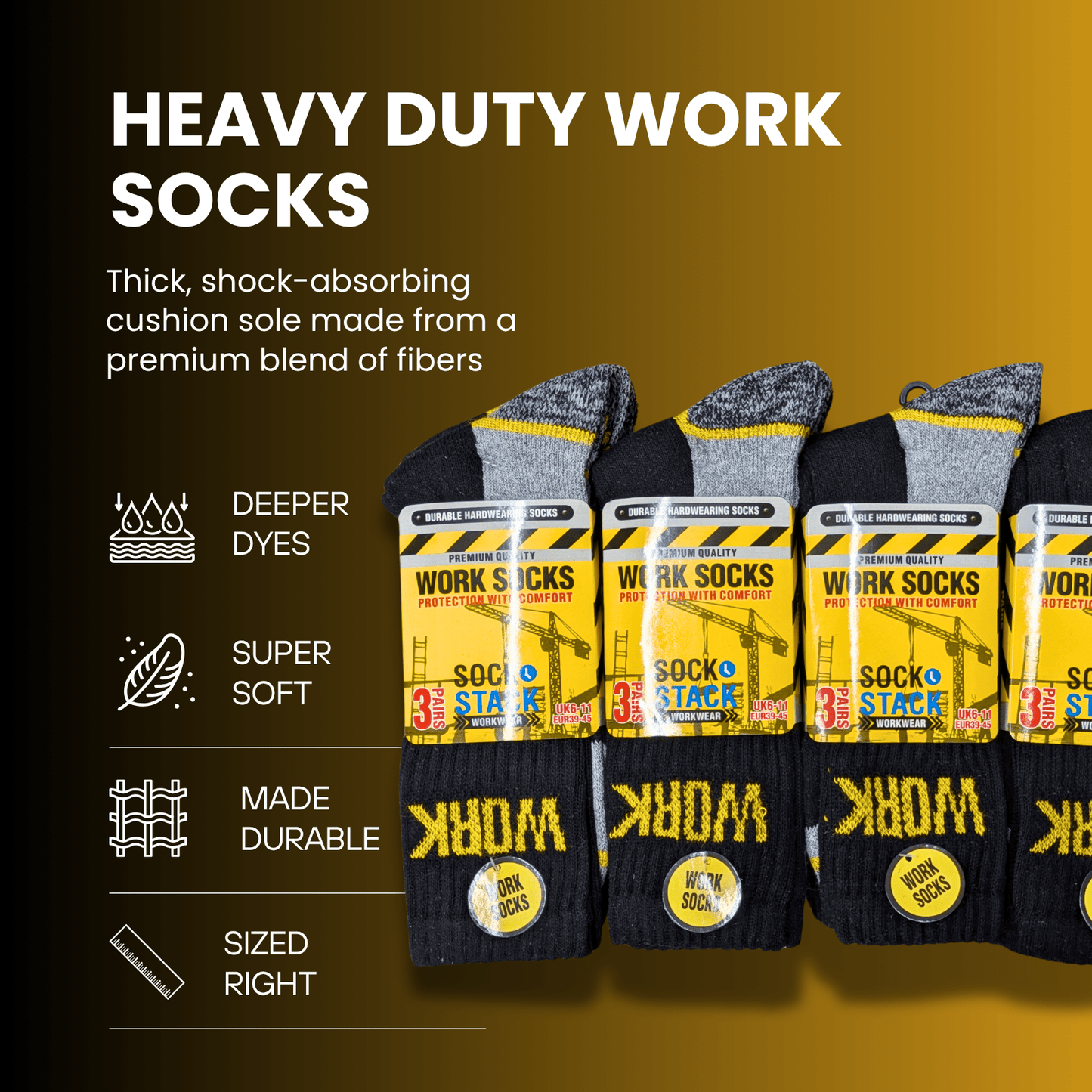 24 Pairs Mens Heavy Duty Work Socks Cushion Sole Reinforced Toe Heel Durable Black Boot Sock for Construction Outdoor Jobs Walking Sizes UK 6-11 EUR 39-45 by Sock Stack