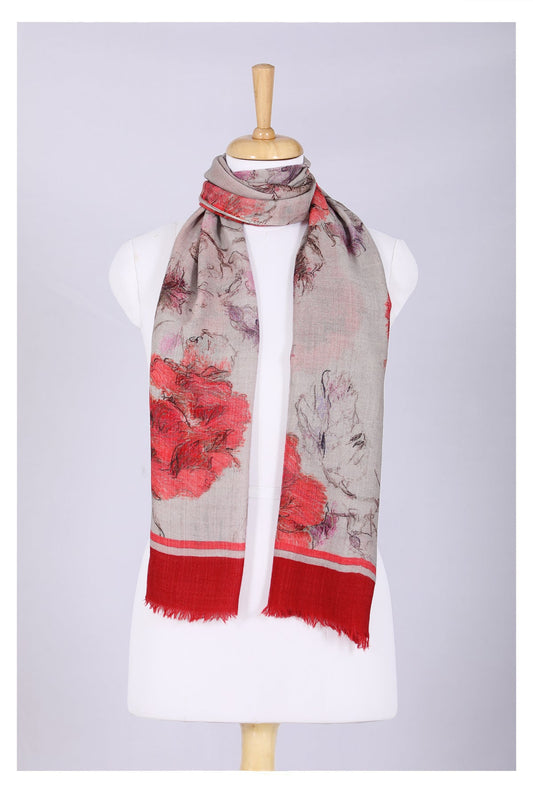 Floral Elegance Wool Scarf - Off-White Red
