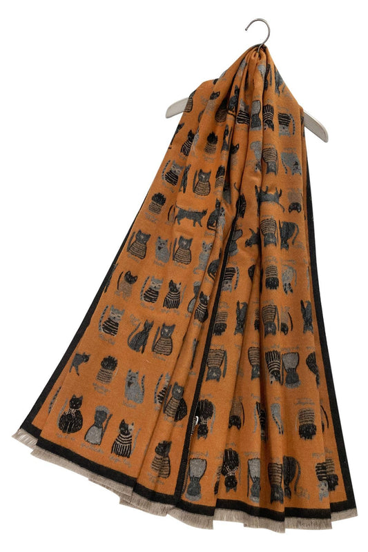 Cat Print Reversible Frayed Scarf: Orange