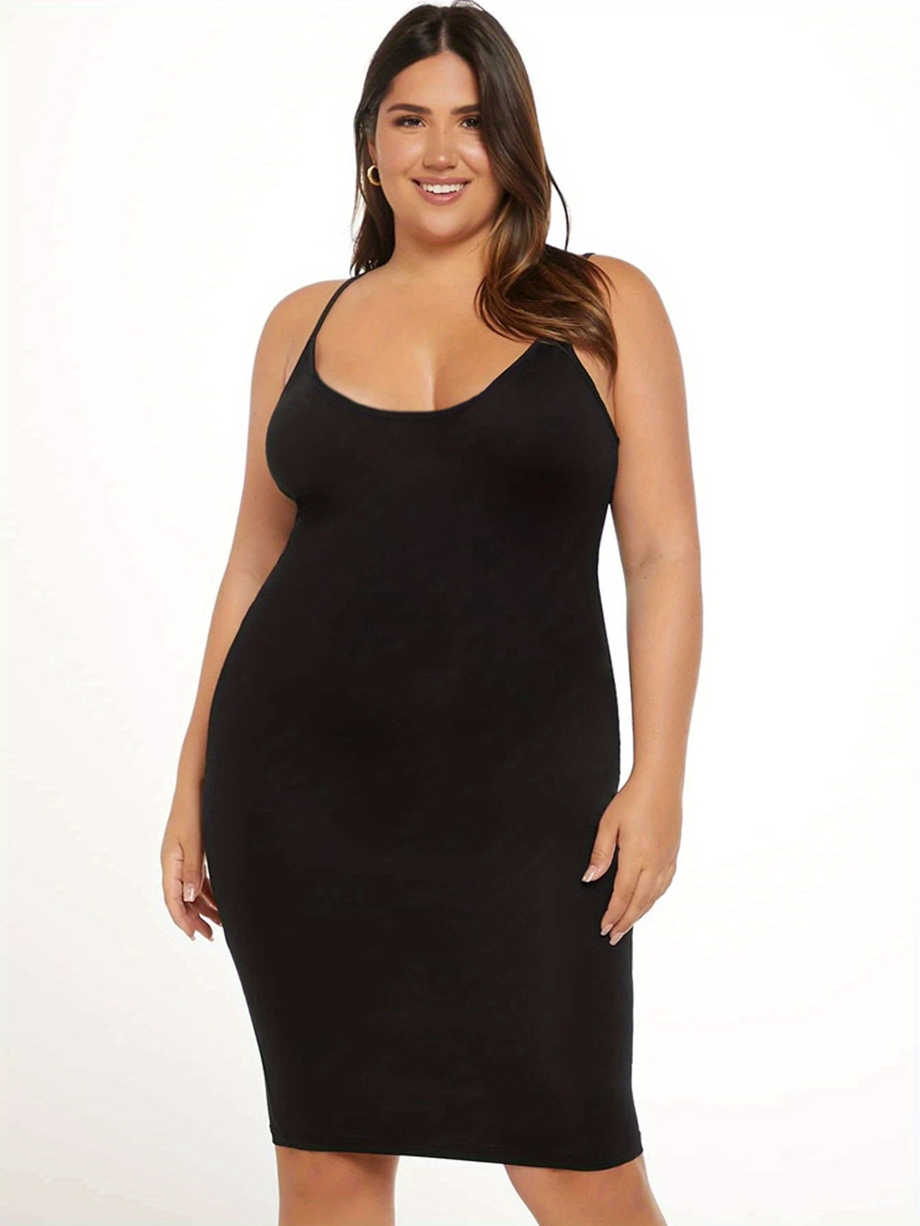 [3 Pack Plus Size Cami Dress] 3 Pack Plus Size Basic Dress Set, Women's Plus Solid Round Neck Medium Stretch Slim Fit Cami Dress Three Piece Set