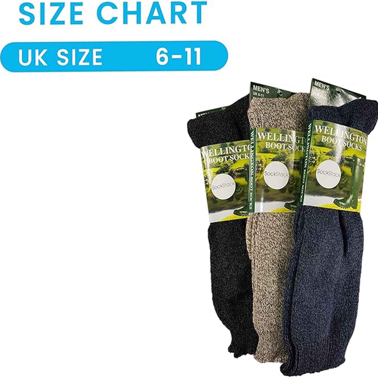 3 Pack Mens Wellington Boot Socks Durable Cushioned Reinforced Heel and Toe for Outdoor Work and Hiking Comfortable Fit UK Sizes 6-11 by Sock Stack