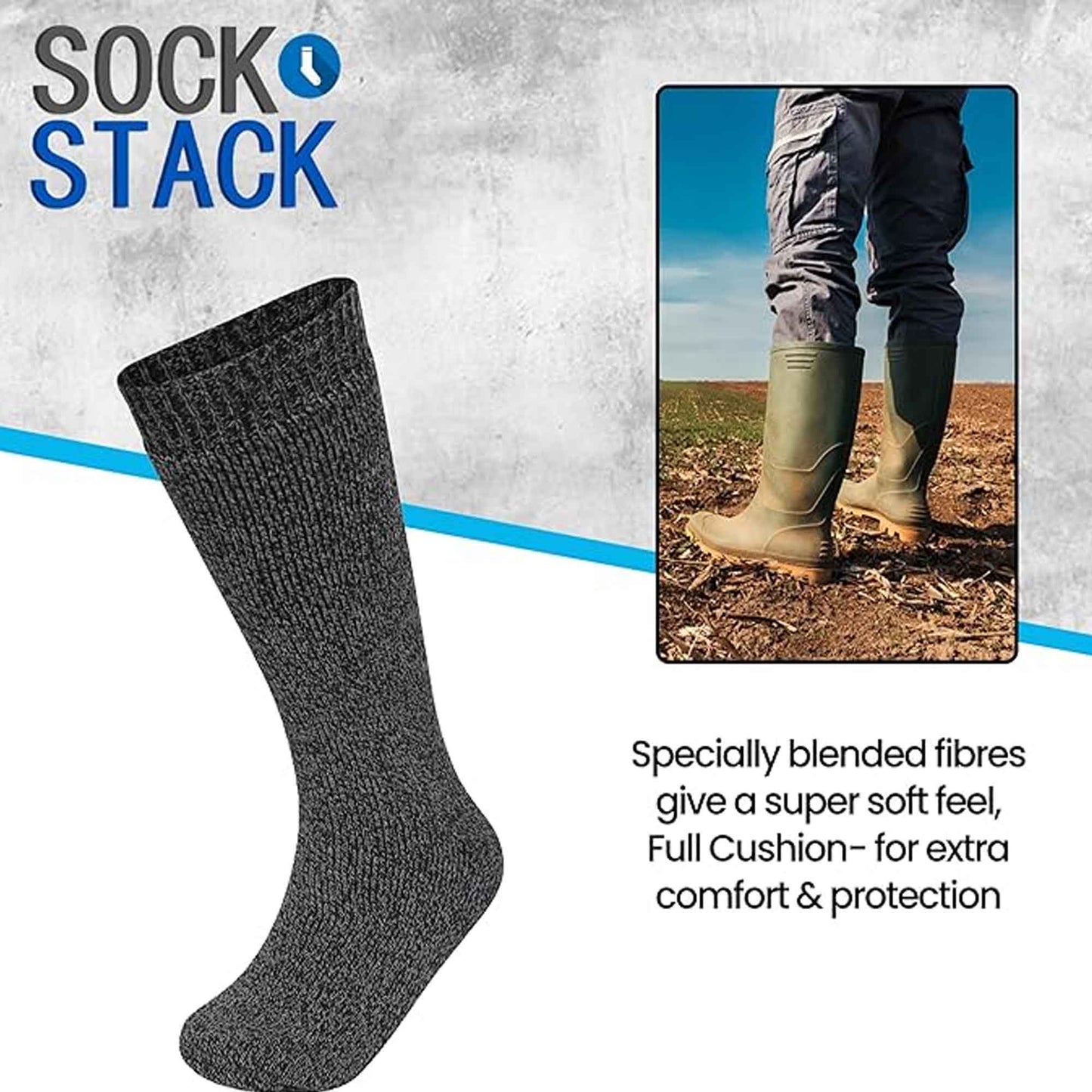 3 Pack Mens Wellington Boot Socks Durable Cushioned Reinforced Heel and Toe for Outdoor Work and Hiking Comfortable Fit UK Sizes 6-11 by Sock Stack