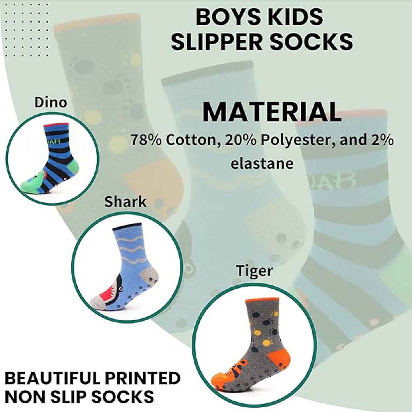 3 Pairs Boys Non-Slip Thermal Slipper Socks Dino Shark Tiger Designs Cozy Indoor Kids Socks Warm Anti-Skid Socks for Winter in Sizes 6-8 9-12 12-3 from Sock Stack