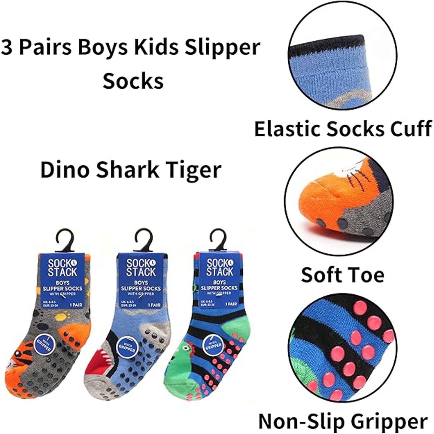 3 Pairs Boys Non-Slip Thermal Slipper Socks Dino Shark Tiger Designs Cozy Indoor Kids Socks Warm Anti-Skid Socks for Winter in Sizes 6-8 9-12 12-3 from Sock Stack