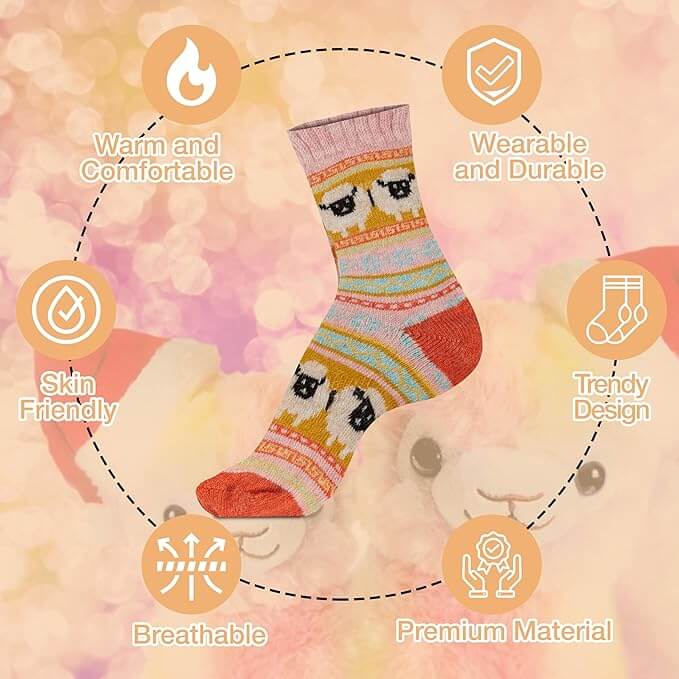 3 Pairs Womens Natural Thermal Alpaca Wool Socks Ultra Soft Warm Winter Boot Socks Non Slip Grippers Cute Nordic Designs Sizes UK 4-7 Daisy Dreamer