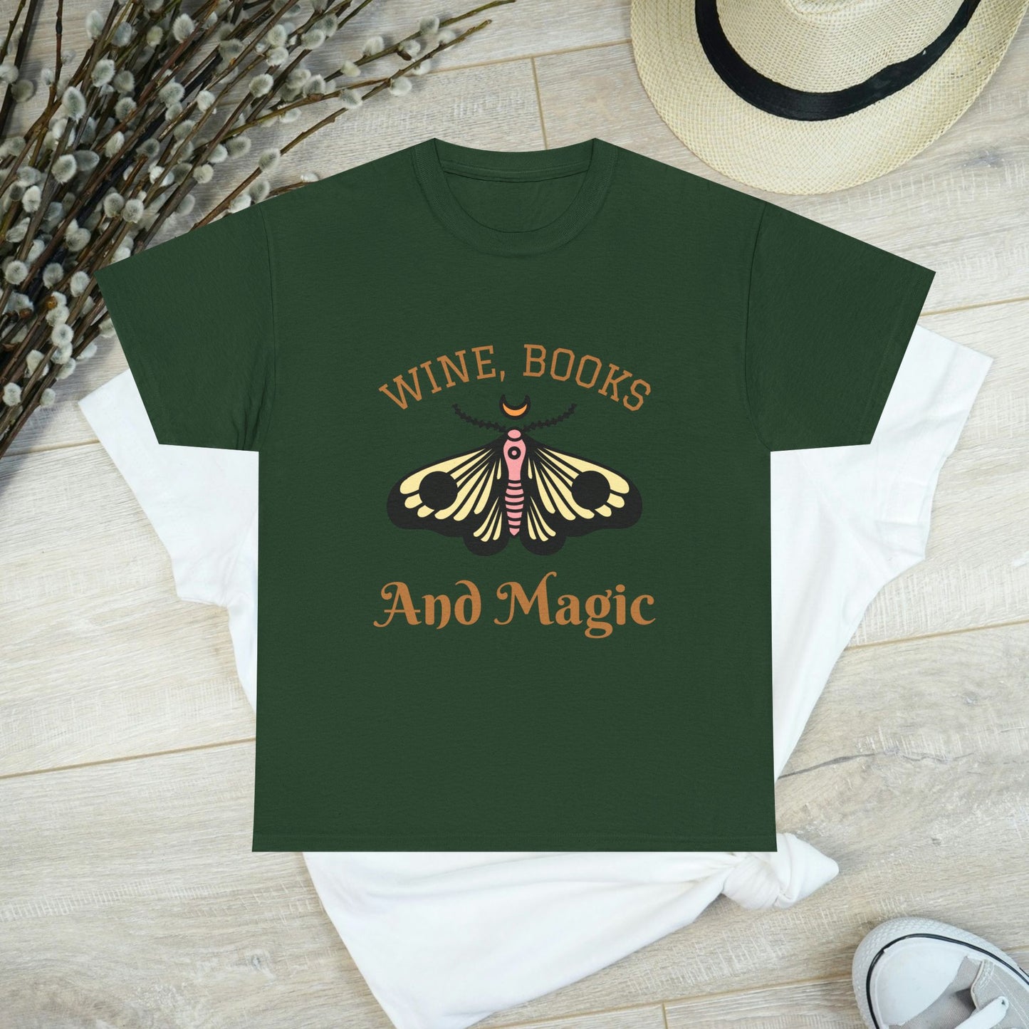 Enchanting Bookworm Tee - "Wine, Books, and Magic" - Perfect for Readers, Gifts for Book Lovers, Cozy Nights, and Book Clubs