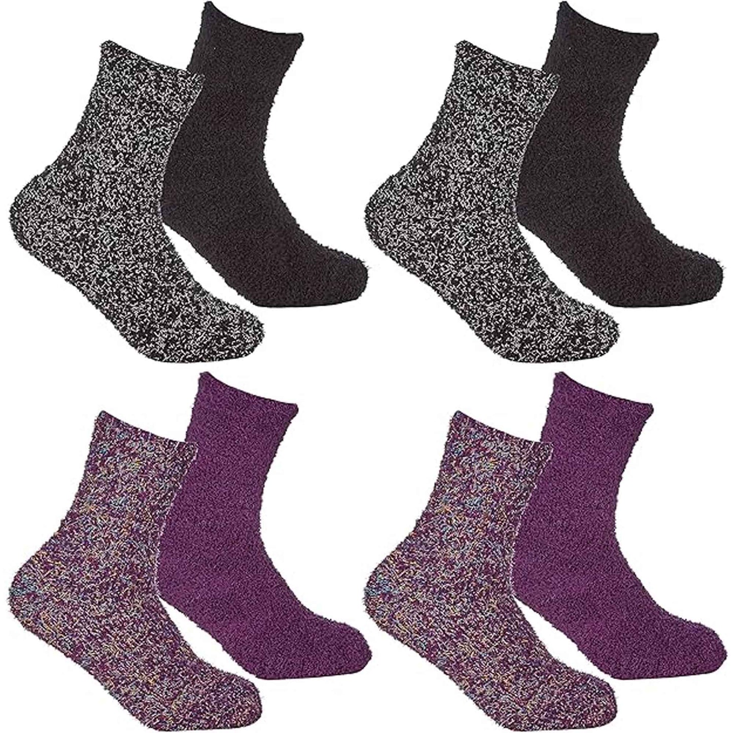 4 Pack Womens Fluffy Cozy Warm Slipper Socks Fuzzy Soft Comfortable Purple Black UK Sizes 4-8 Perfect Winter Gift by Sock Stack