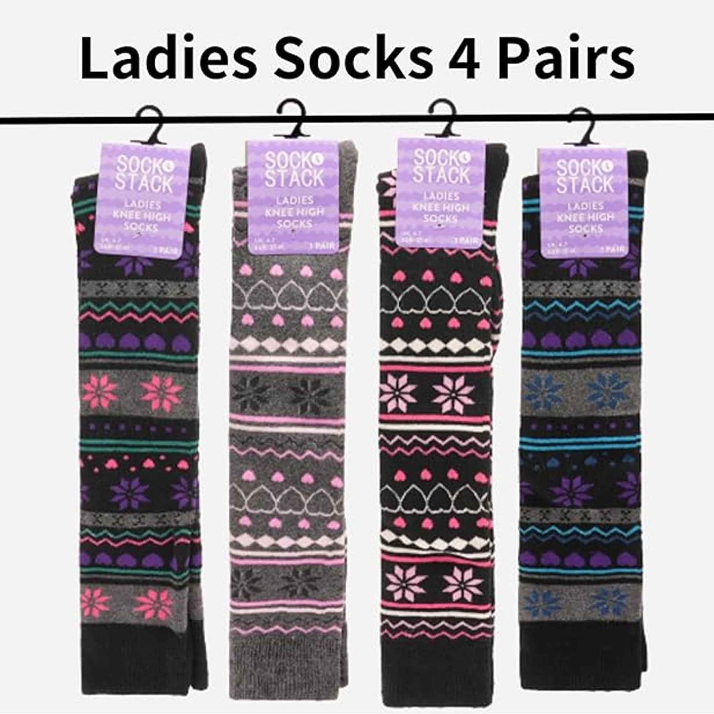 4 Pairs Ladies Ski Boot Socks Knee Length Cotton Rich with Full Cushioning and Thermal Insulation for Warmth and Comfort Fair Isle Pattern Fits Sizes 4-7 by Sock Stack