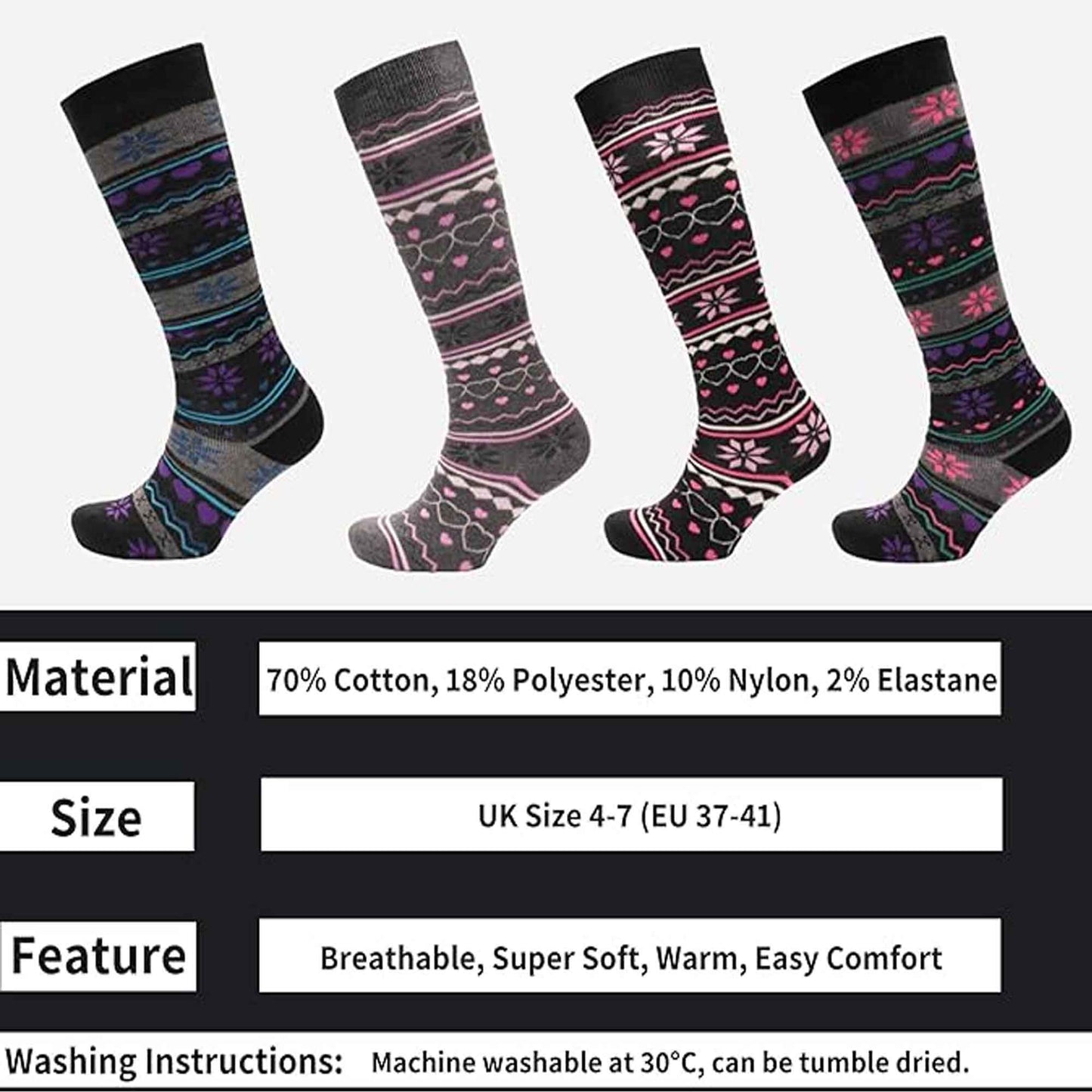 4 Pairs Ladies Ski Boot Socks Knee Length Cotton Rich with Full Cushioning and Thermal Insulation for Warmth and Comfort Fair Isle Pattern Fits Sizes 4-7 by Sock Stack