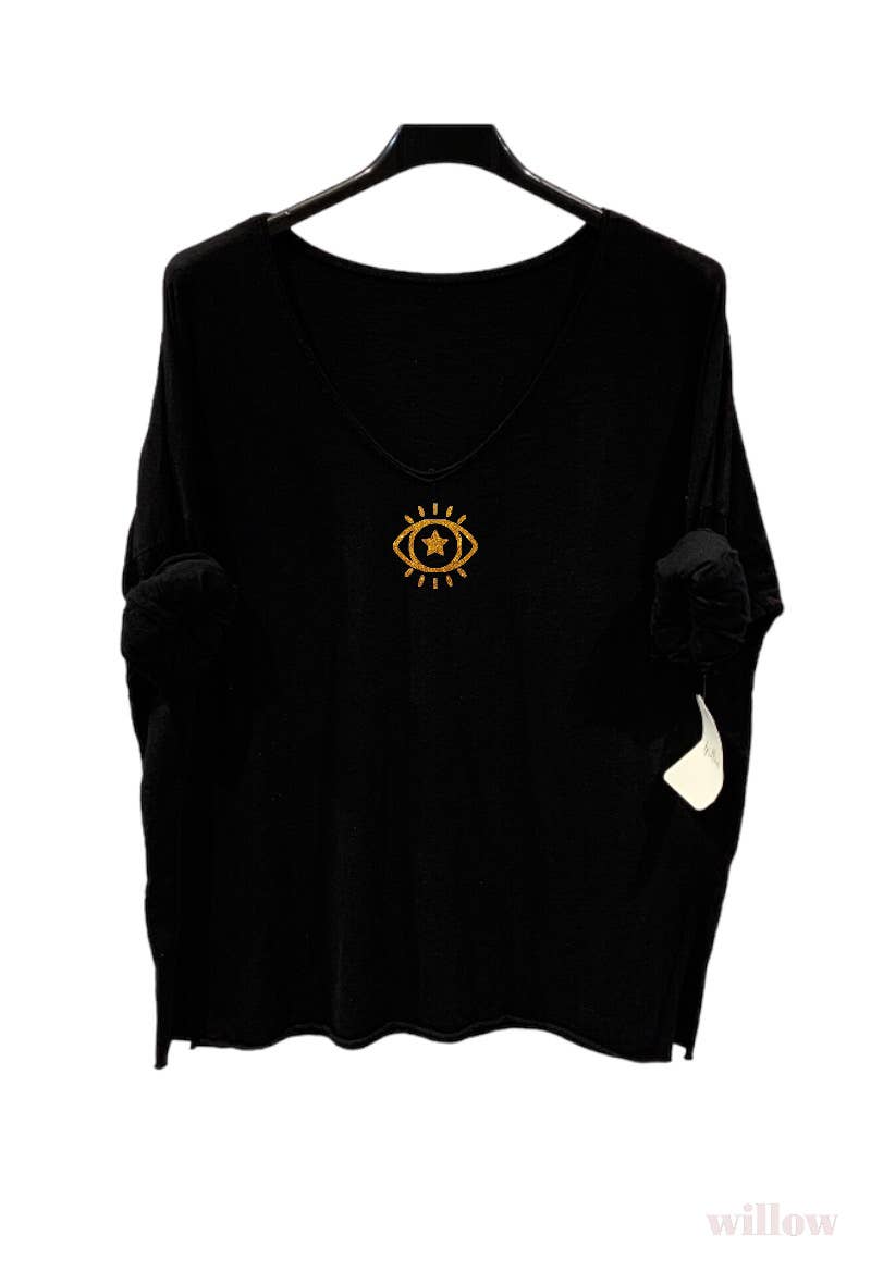 Plain cotton top with long sleeves eye logo: Beige