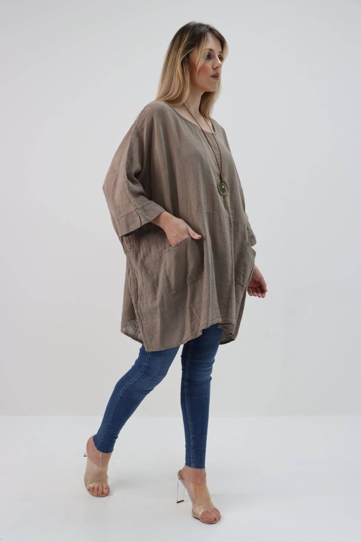 Italian Plain Cotton Necklace Batwing Boxy Top: Khaki / One Size To Fit UK 10-24