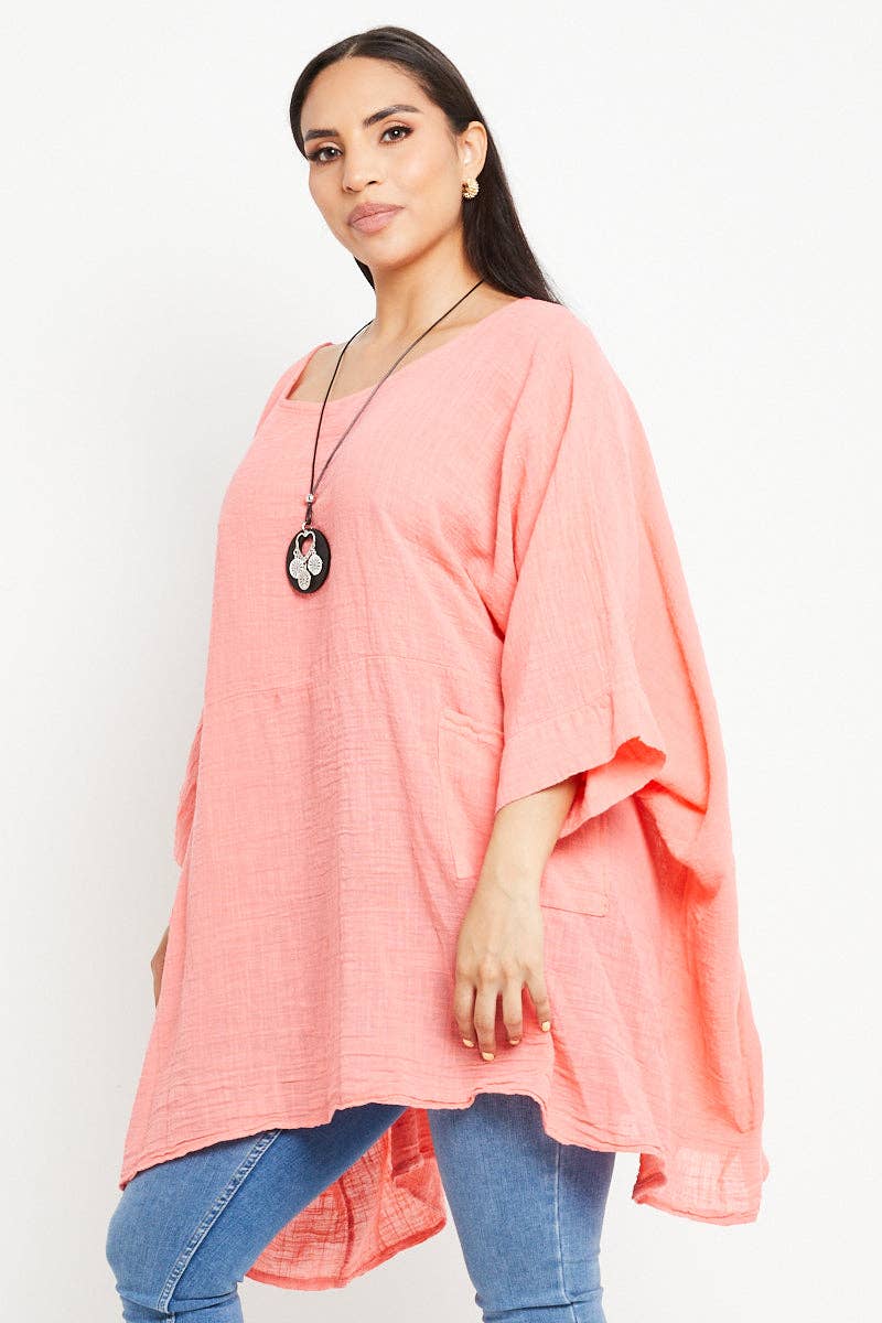 Italian Plain Cotton Necklace Batwing Boxy Top: Light Grey / One Size To Fit UK 10-24