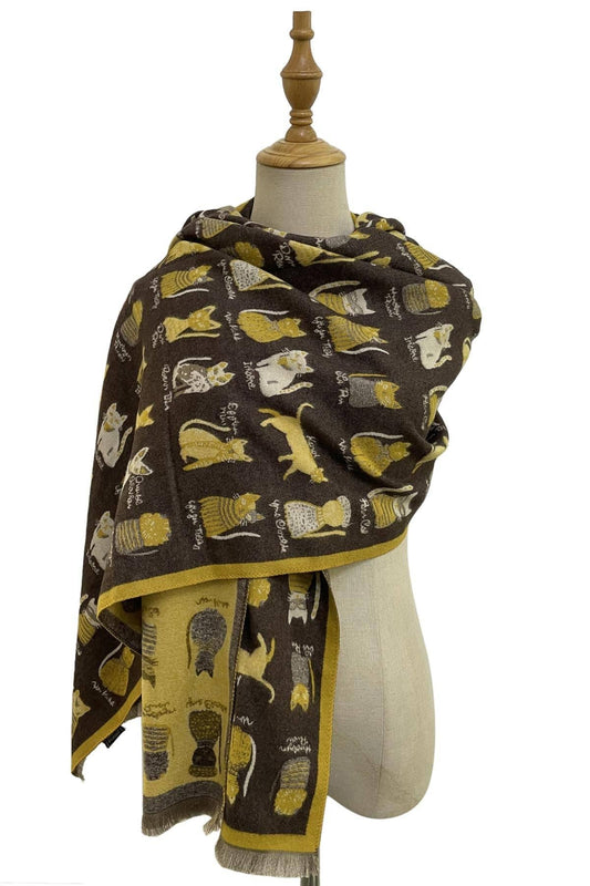 Cat Print Reversible Frayed Scarf