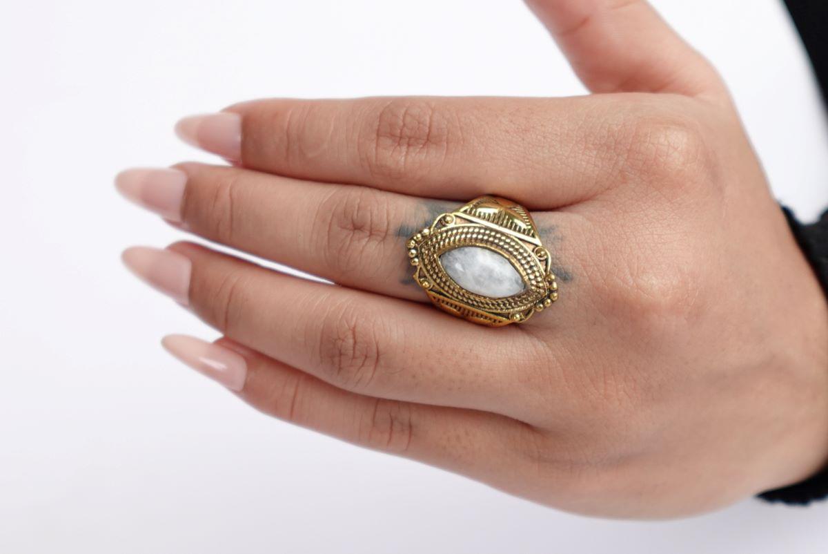Large Moonstone Rings, Brass Rings, Large Boho Rings.