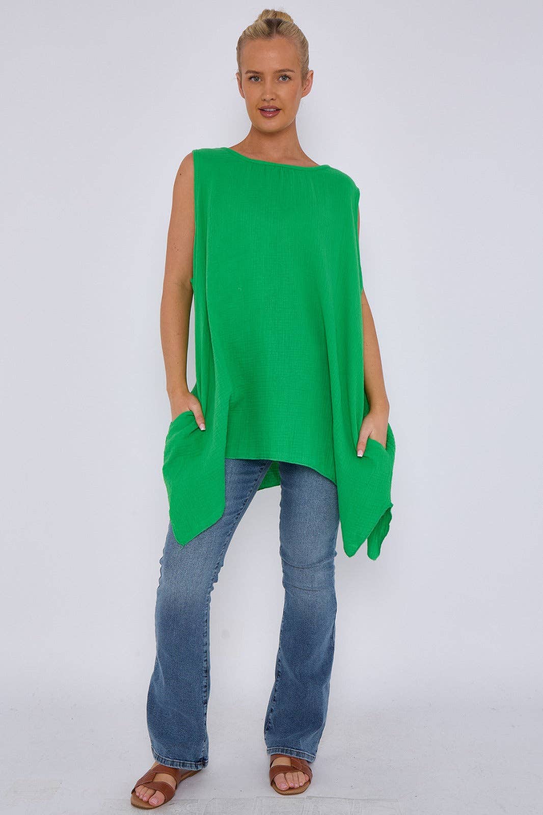 Italian Sleeveless Cheesecloth Cotton Tunic Top: Royal Blue / One Size To Fit UK 8-18