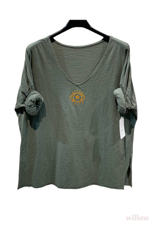 Plain cotton top with long sleeves eye logo: Khaki