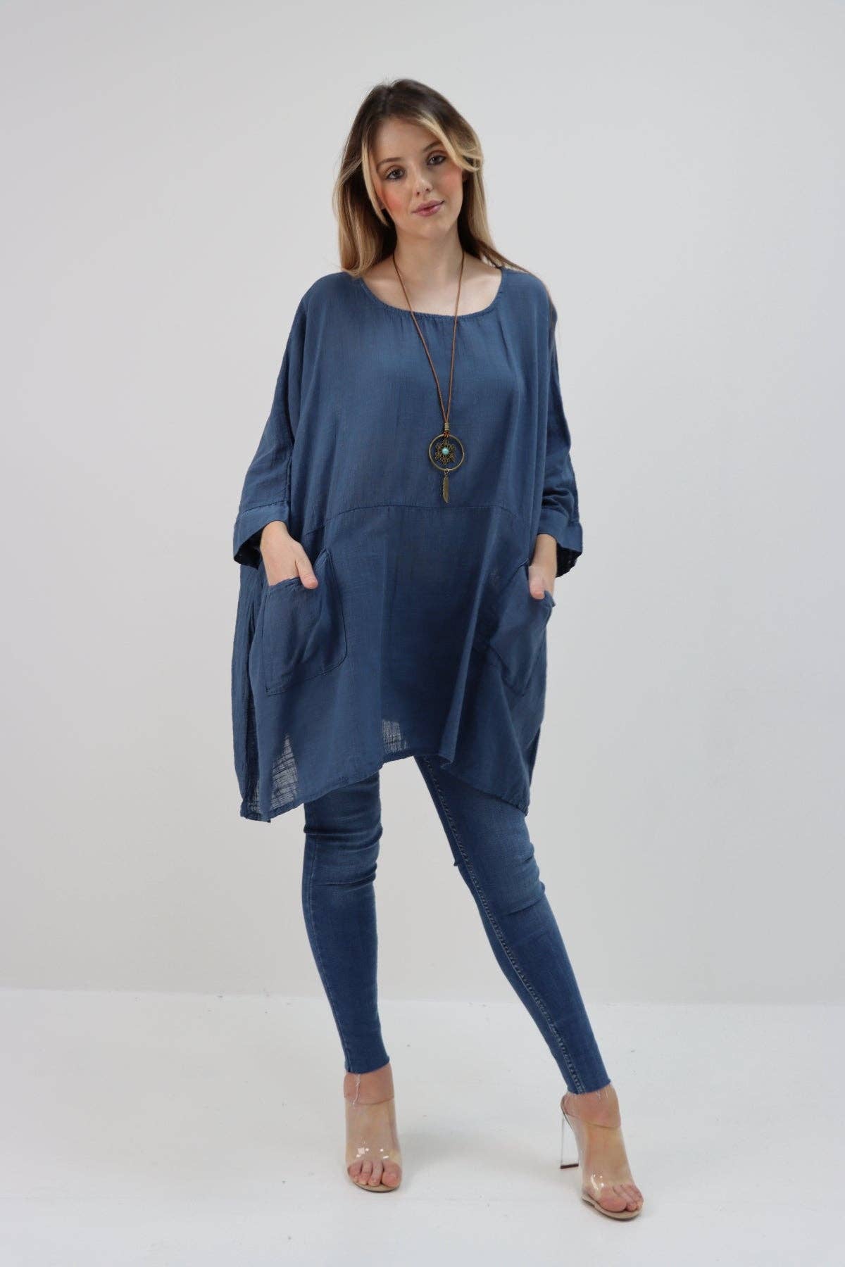 Italian Plain Cotton Necklace Batwing Boxy Top: Light Grey / One Size To Fit UK 10-24