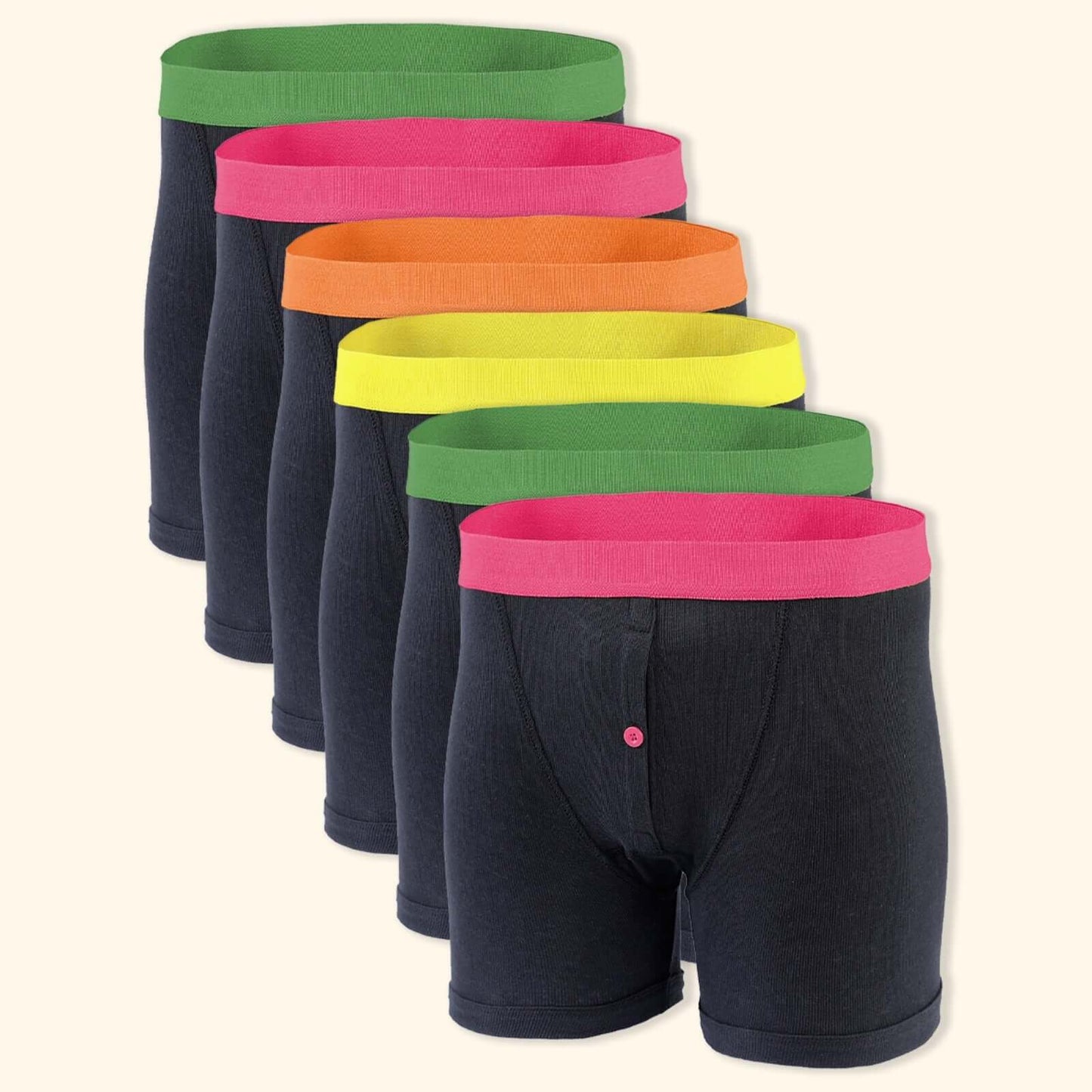 6 Pack Classic Menswear Black Cotton Blend Boxer Shorts Breathable Activewear Comfortable Stretch Colourful Waistband Durable Lightweight Button Fly Underwear MB08 by Sock Stack