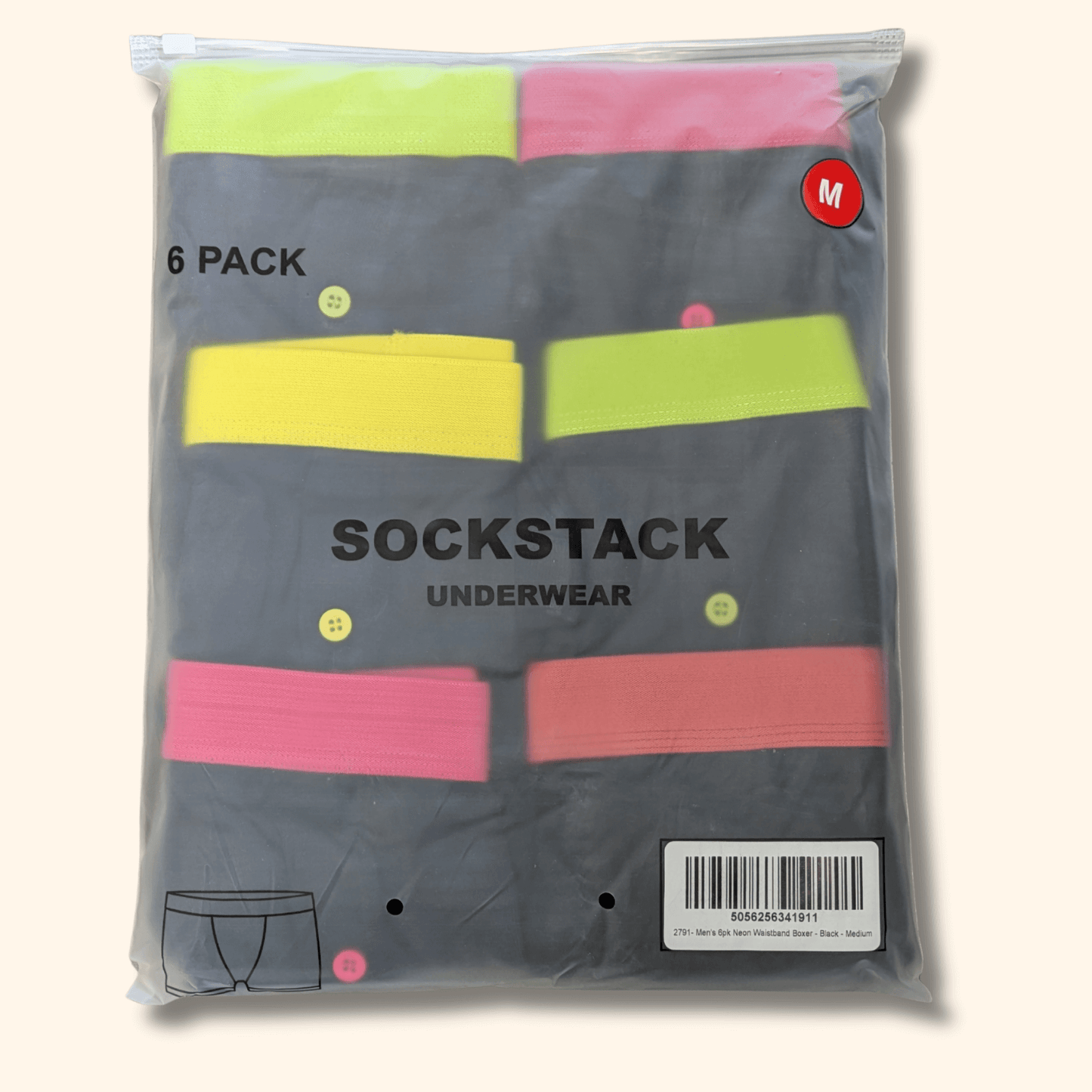 6 Pack Classic Menswear Black Cotton Blend Boxer Shorts Breathable Activewear Comfortable Stretch Colourful Waistband Durable Lightweight Button Fly Underwear MB08 by Sock Stack