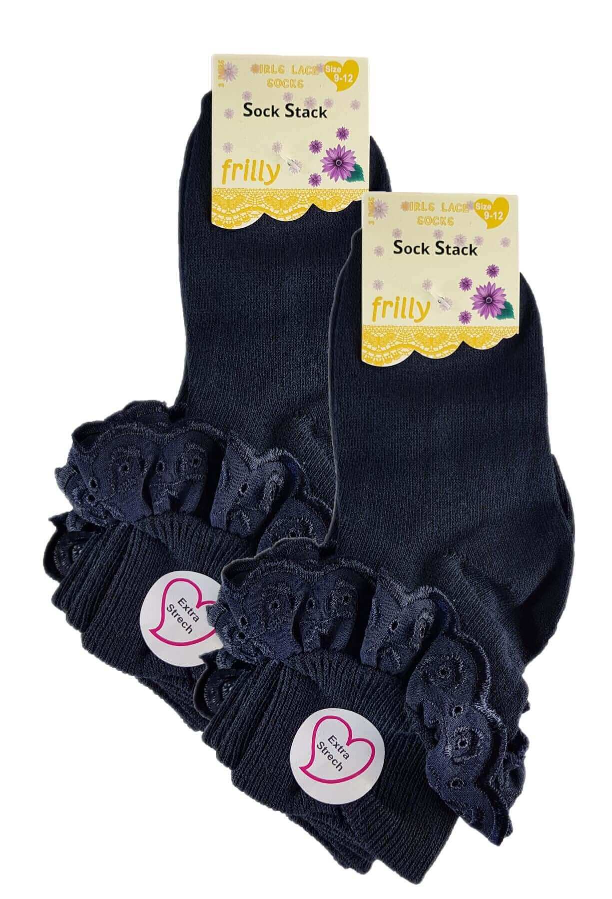 6 Pairs Girls Cotton Rich Frilly Ankle Socks Durable Breathable Sculpted Heels and Toes Multiple Sizes and Colours Perfect for School and Everyday Wear by Sock Stack