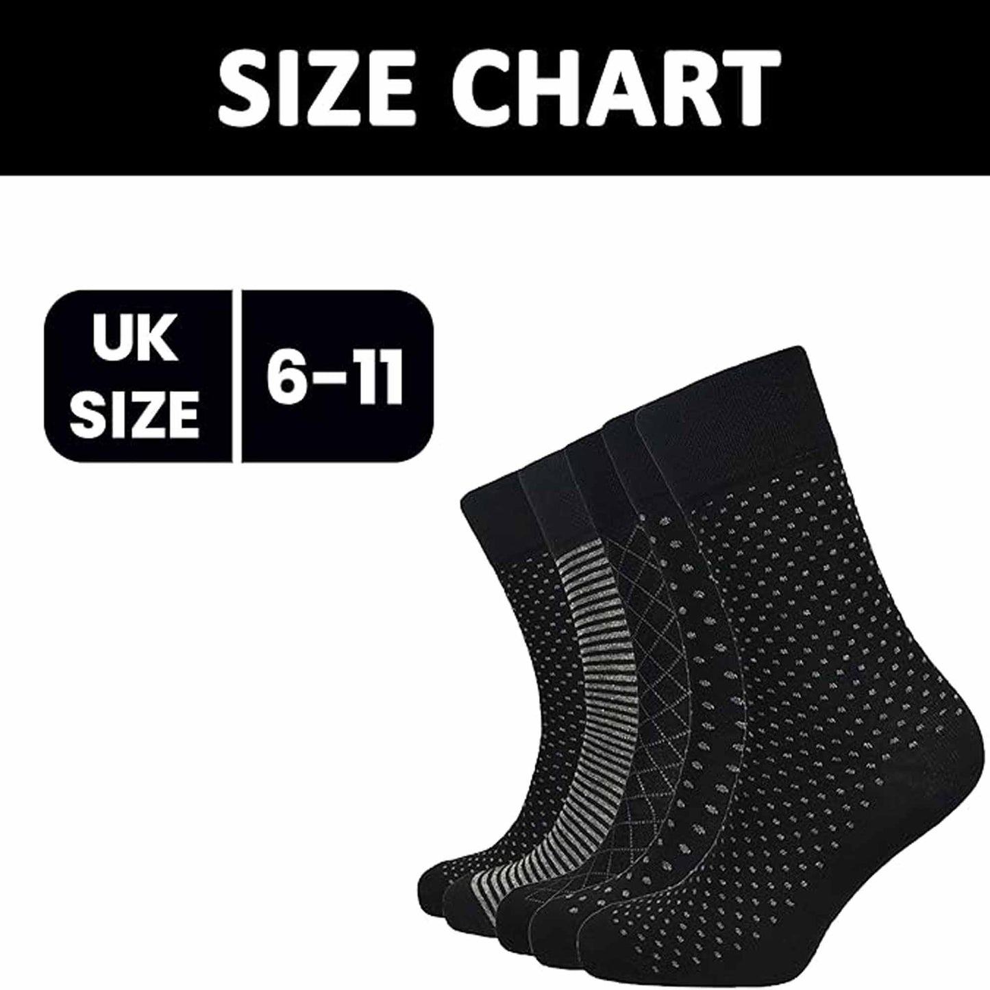 6 Pairs Men's Black Multi Non-Elastic Diabetic Socks Soft Top Cotton Antibacterial Moisture-Wicking Sizes 6-11 by Sock Stack