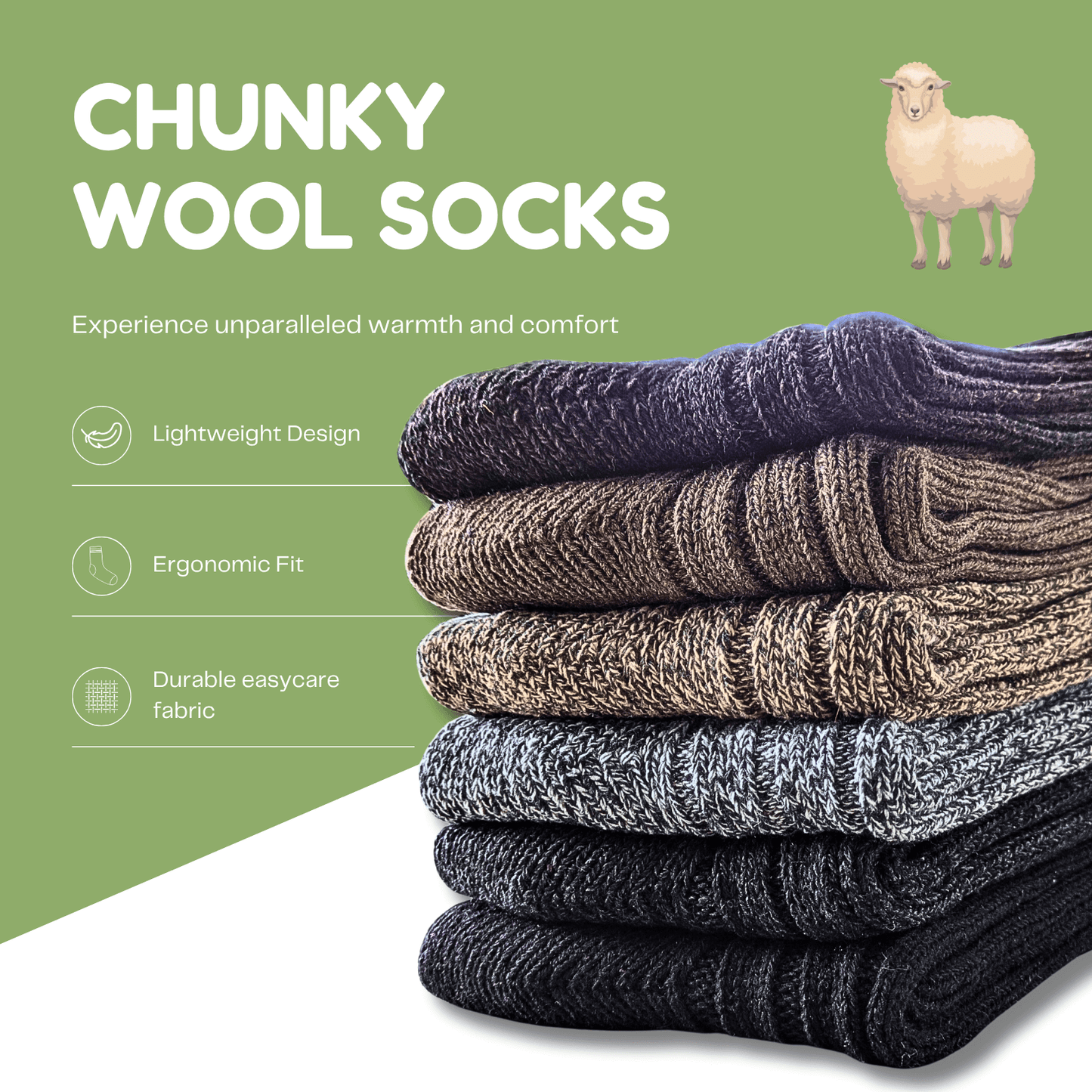 6 Pairs Men's Ultra Chunky Wool Thermal Socks for Outdoor Activities Warm Thick Insulated Winter Work Boots Sock UK Sizes 6-11 EU 39-45 Assorted Colours by Sock Stack