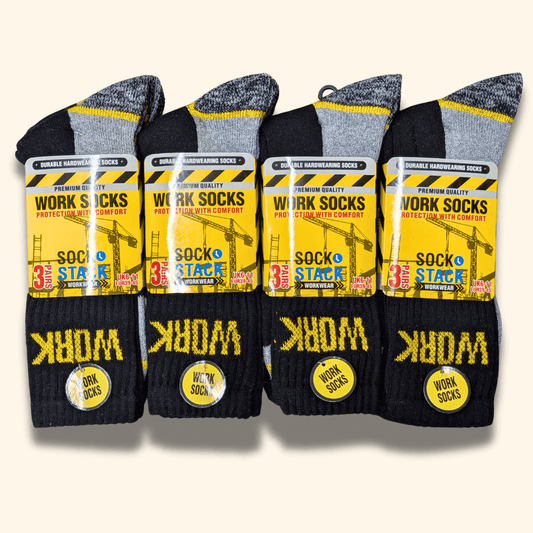 12 Pairs Mens Heavy Duty Work Socks Cushion Sole Reinforced Toe Heel Durable Black Boot Sock for Construction Outdoor Jobs Walking Sizes UK 6-11 EUR 39-45 by Sock Stack