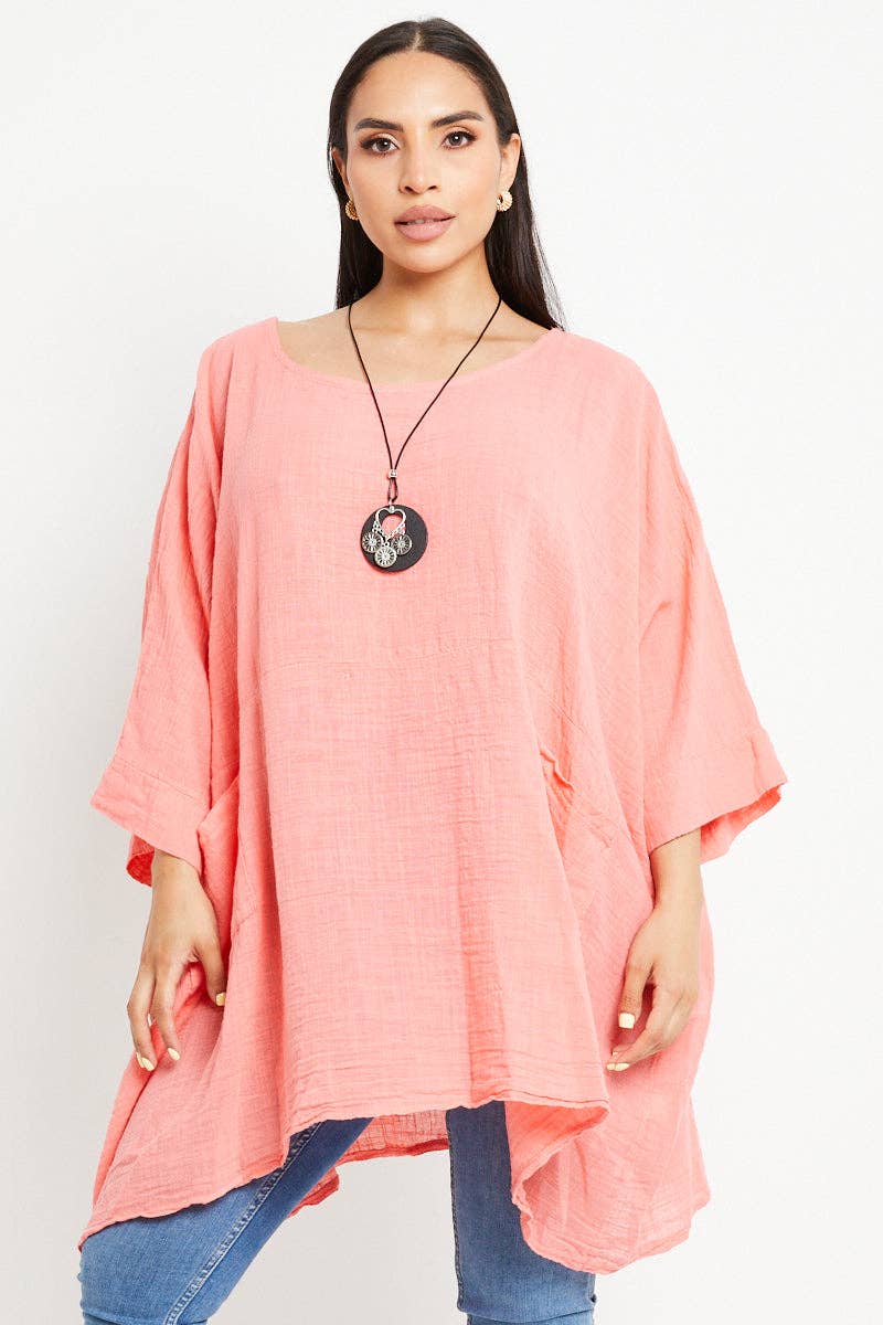 Italian Plain Cotton Necklace Batwing Boxy Top: Khaki / One Size To Fit UK 10-24