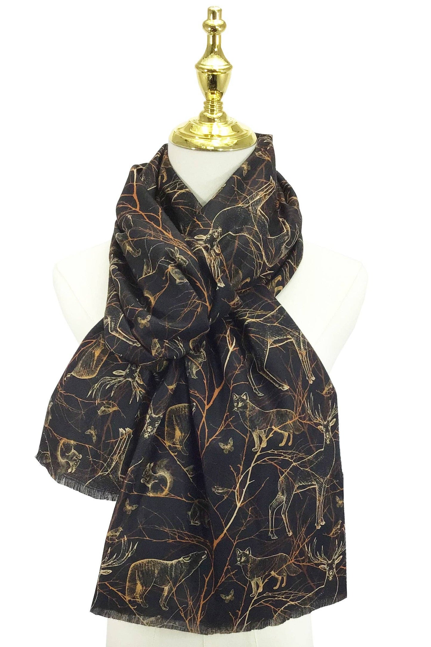 Woodland Animals Print Wool Scarf: Black