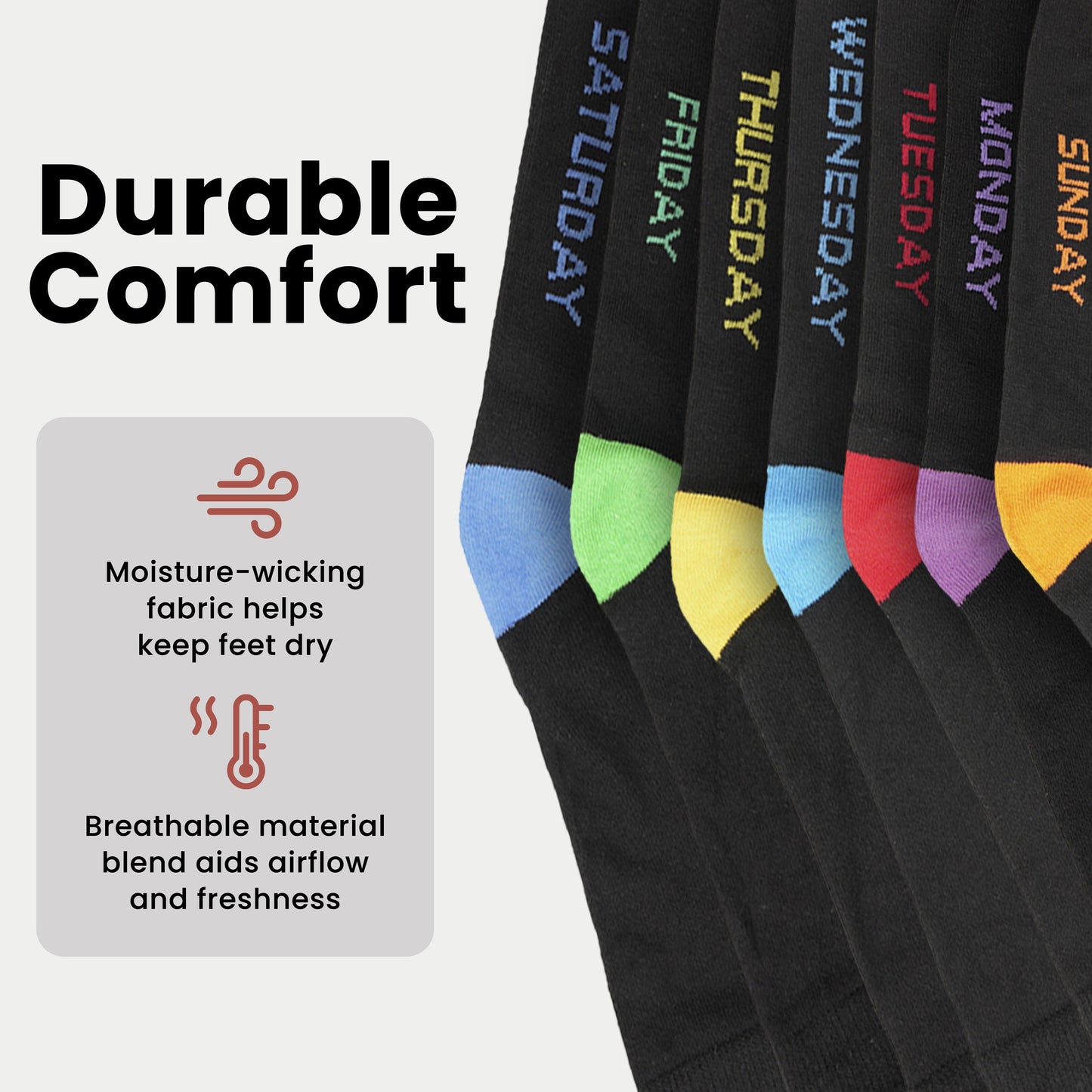 7 Pack Days Of The Week Cotton Rich Boys Girls Kids Men's Women's Socks Black with Multi Colour Heel and Toe Design By Sock Stack