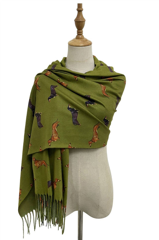 Dachshund Sausage Dog Print Tassel Scarf: Green
