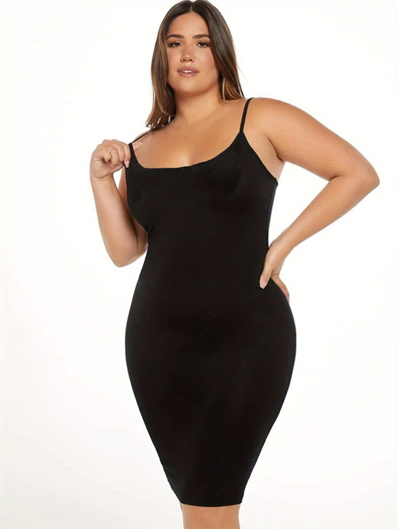 [3 Pack Plus Size Cami Dress] 3 Pack Plus Size Basic Dress Set, Women's Plus Solid Round Neck Medium Stretch Slim Fit Cami Dress Three Piece Set