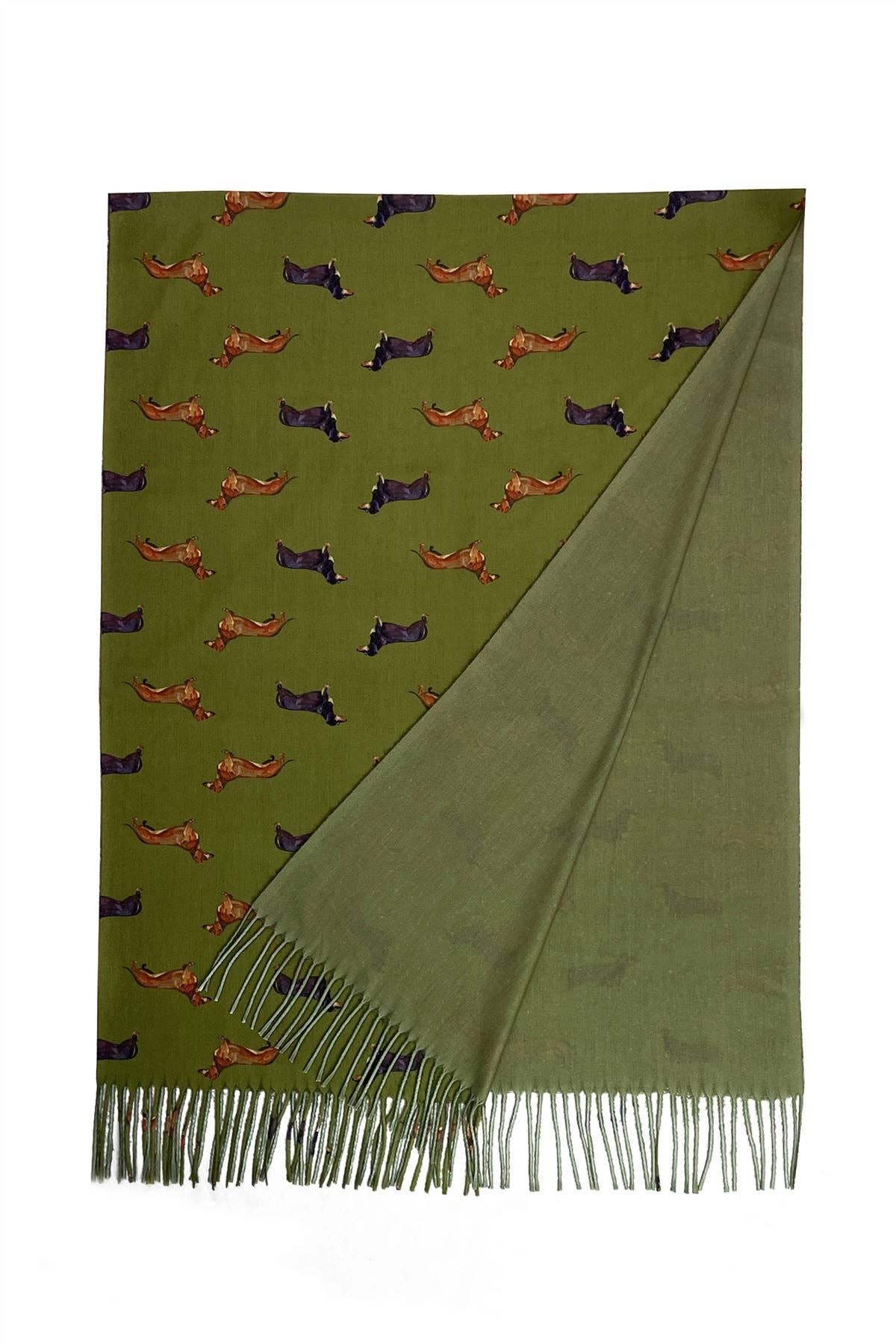Dachshund Sausage Dog Print Tassel Scarf: Green
