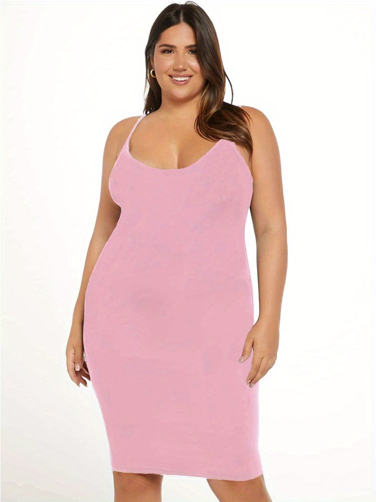 [3 Pack Plus Size Cami Dress] 3 Pack Plus Size Basic Dress Set, Women's Plus Solid Round Neck Medium Stretch Slim Fit Cami Dress Three Piece Set