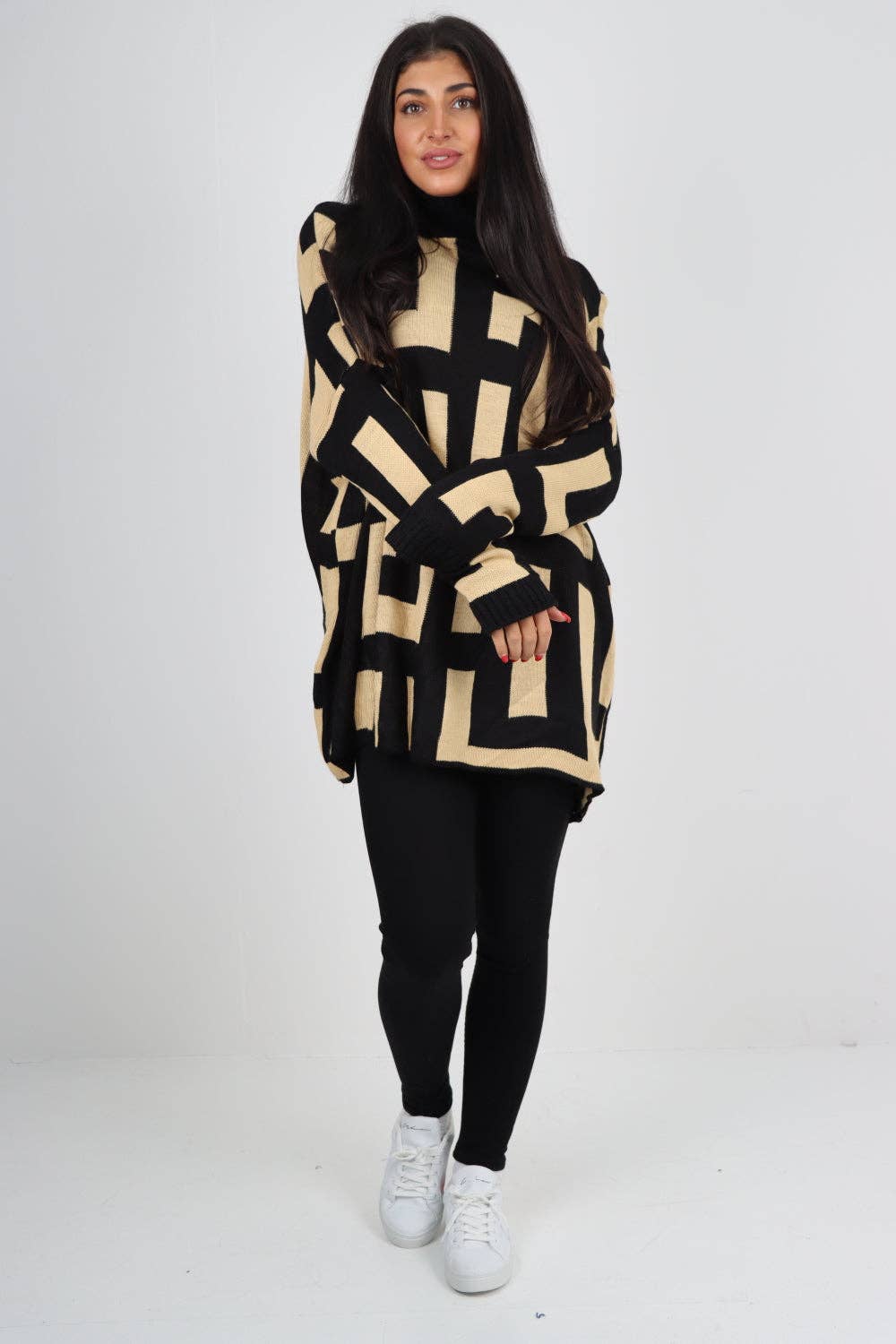 Italian High Neck Fendi Print Knitted Jumper: Khaki / One Size To Fit UK 8-24