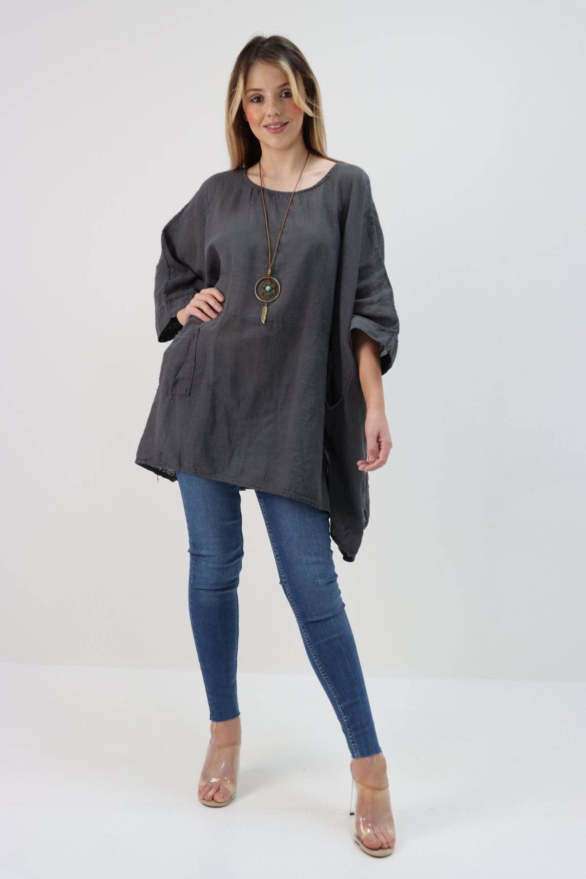 Italian Plain Cotton Necklace Batwing Boxy Top: Light Grey / One Size To Fit UK 10-24