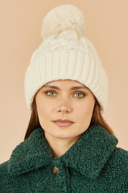 Yumi White Cable Knit Bobble Hat