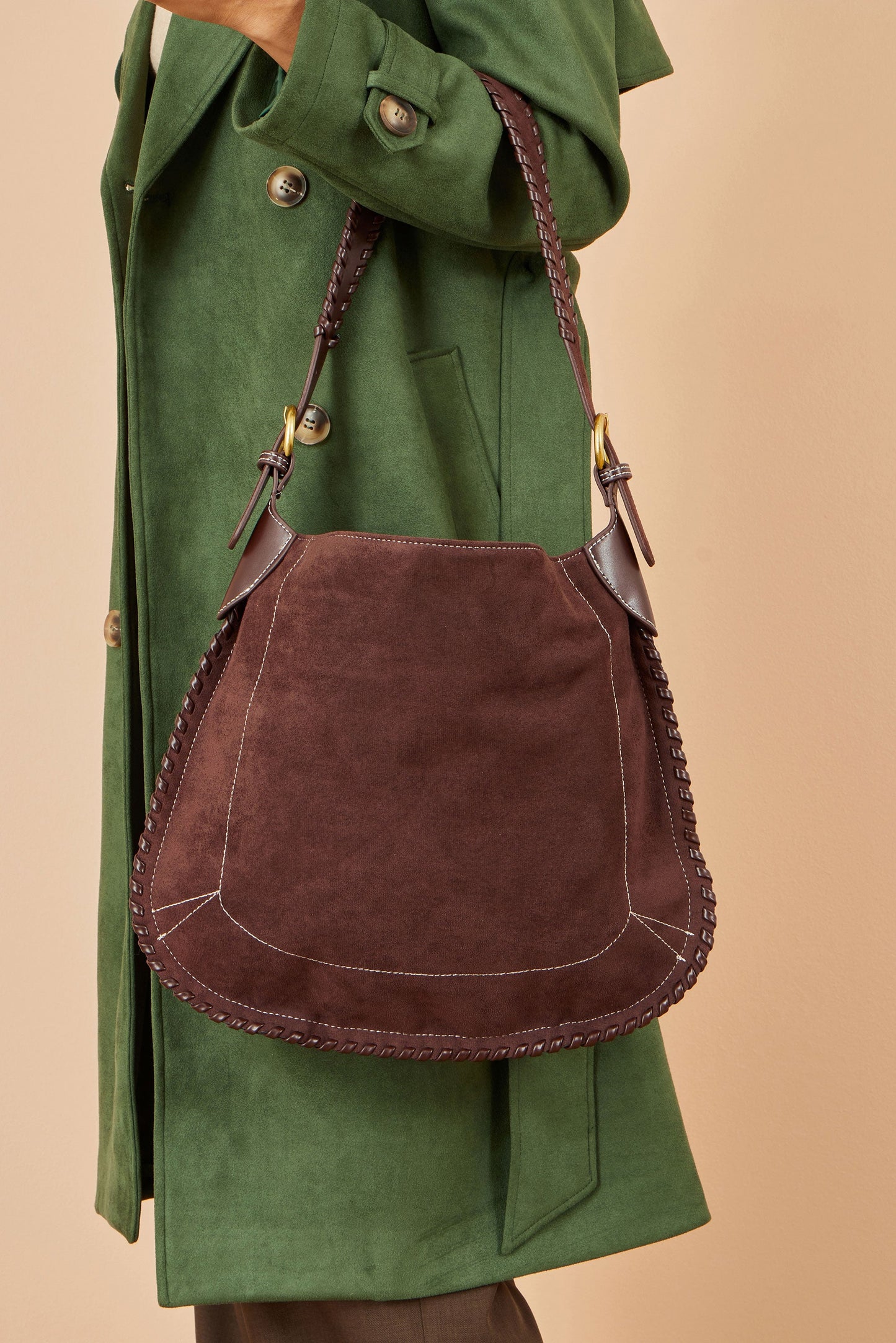 Yumi Brown Faux Suede Stitching Detail Bag