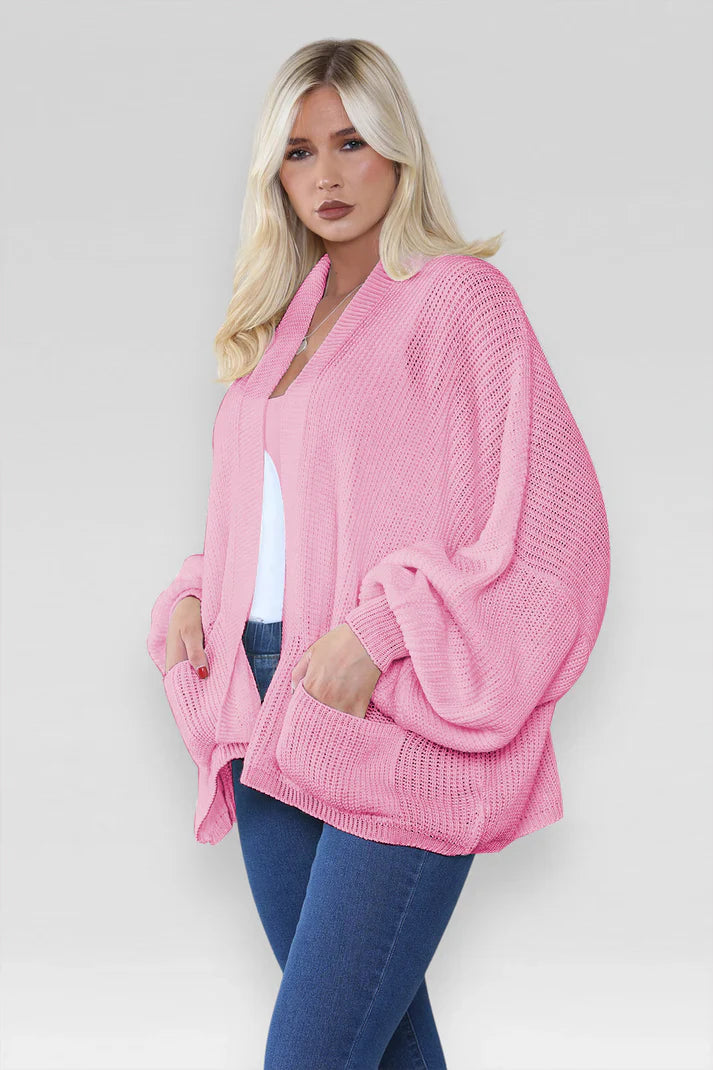 Ladies Oversized Cropped Short Balloon Pocket Chunky Knitted Cardigan