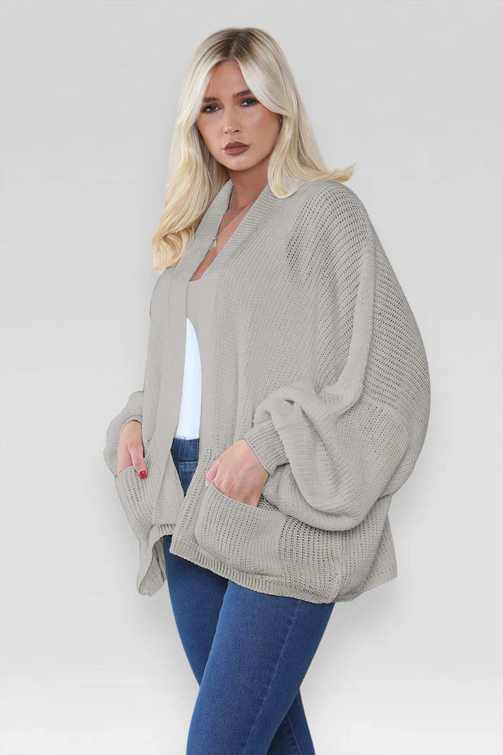 Ladies Oversized Cropped Short Balloon Pocket Chunky Knitted Cardigan