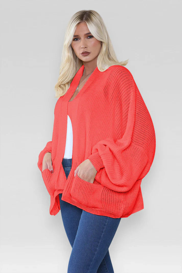 Ladies Oversized Cropped Short Balloon Pocket Chunky Knitted Cardigan
