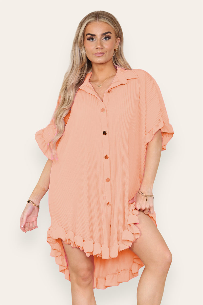 Over Sized Italian Gold Button Pleated Frill Ruffle TikTok Dress Top