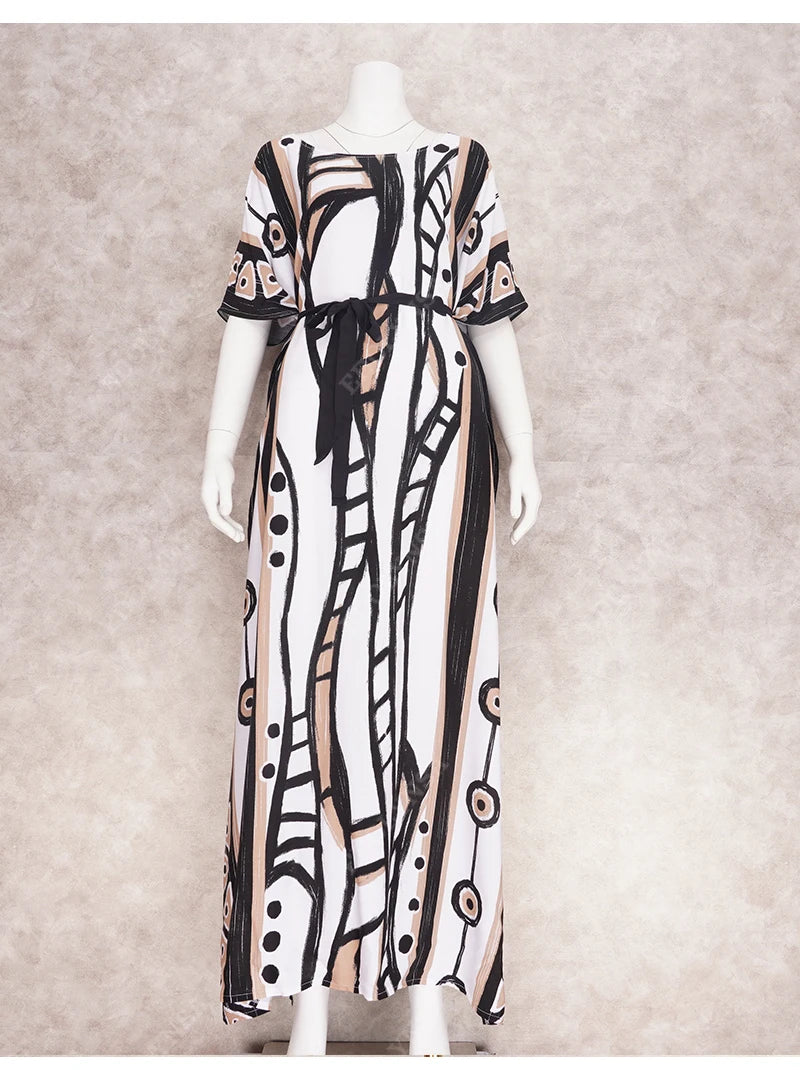 2023 Elegant Long Kaftan Printed V-neck Batwing Sleeve Street Wear Loose Maxi Dresses Women Beach Wear Swim Suit Cover Up Q1341