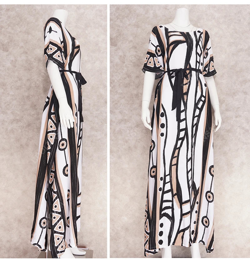 2023 Elegant Long Kaftan Printed V-neck Batwing Sleeve Street Wear Loose Maxi Dresses Women Beach Wear Swim Suit Cover Up Q1341
