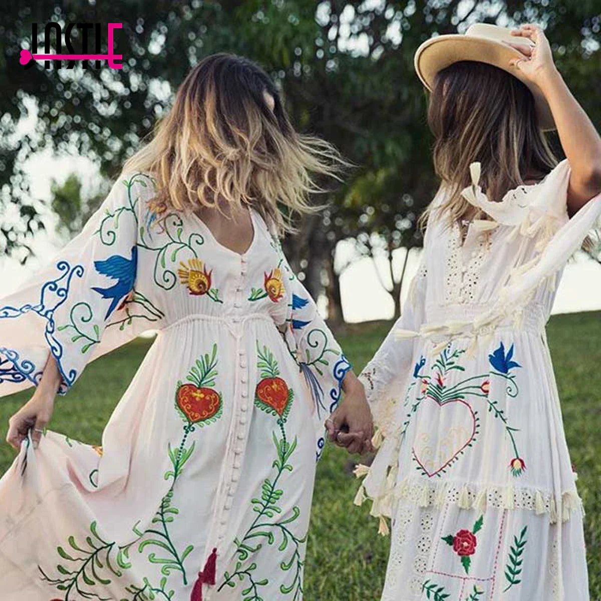 Jastie Embroidered Women Maxi Dress V-Neck Batwing Sleeve Loose Oversize Summer Dresses Drawstring Waist Boho Beach Vestidos