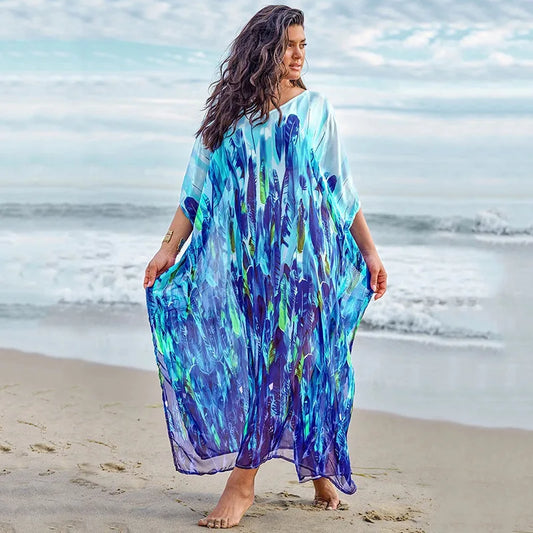 Swimsuit Cover Up Women's Summer Bohemian V Neck Leaf Printed Long Sleeve Beach Casual Long Maxi Dresses Ropa Mujer