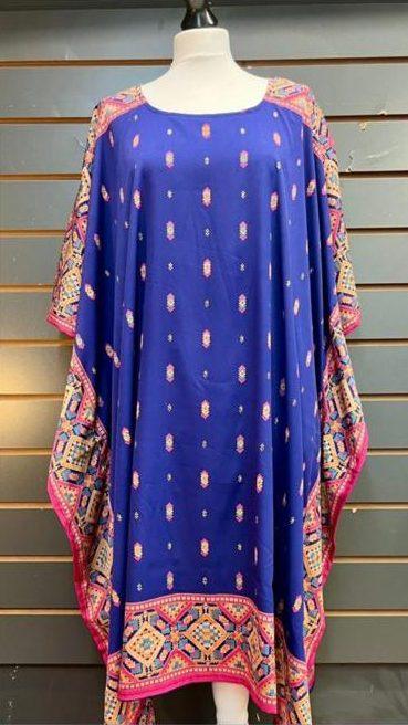 Shorter Blue with large diamond print pattern with red border kaftan